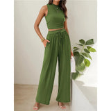 Fongt Summer Knitting Casual Suit Sleeveless Round Collar Short Repair Body Broad Leg Pants Two Sets