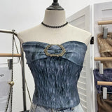 Fongt Style Retro Brae Waist-Dyed Wear Sexy Shoulder-Wrapped Sleeveless Top 8886