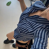 Fongt Girl Wind Polo Collar Five-Point Sleeve Folded Sleeves Folded Striped Cool Slim Waist Shirt Thin Top