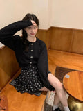 Sweet O-neck Long Sleeve Knitted Cardigan+ Y2k E-Girl High Waist Flower Print Ruched Skirts Spring New Two Piece Sets-Outfit