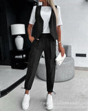 New 2023 Striped Sleeveless Vest Suit Casual Commuter Nine Split Pants (2 Pieces-Outfit