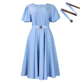 Fongt Women's 2025 Summer Fashion Bubble Sleeve Elegant High- Waist Solid Colored Round Dress African Dress