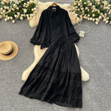 Fongt Suit Female Senior Sleeve Lace Splicing Lantern Long-Sleeved Shirt + High Waist Slim Swing Skirt