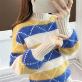 2019 Autumn Winter New Argyle Pullovers Sweaters Women Elegant Soft Knitted Turtleneck Long Sleeve Sweater
