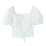 New French Vintage Design Pleated Square Collar Bubble Sleeve Shirt-Outfit
