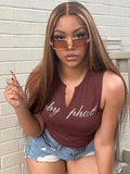 Top Women Letter Print Crop Top Black Tank Top Basic Sleeveless Brown Tops Sexy Vest Streetwear Y2K Clothes