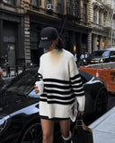 Fongt Women's Loose Lazy Black And White Striped Sweater With Long Knitted Shirts In The Head