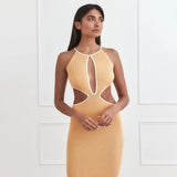 Ribbed O Neck Sexy Cut Out Sleeveless Midi Dress Knit Backless Elegant Bodycon Dresses 2021 Fall Party Club White Trim UK