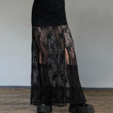Fongt Pure Desire Wind Lace Stitching Perspective Skirt Female New High Waist Show Thin Slit A Word Swing Skirt-Outfit