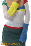Women Rainbow Sweaters Hollow Out Sexy Crop Tops Fall Winter y2k Clothes Multi Color Square Collar Long Sleeve Tops