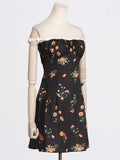 Fongt 2025 New Fresh Sweet Wind Black Broken Floral Dress A Word Shoulder Repair Color Printing