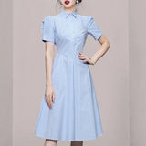 Fongt Elegant Temperament Collar Bubble Sleeves In The Summer Of 2025, Showing Thin Splicing Striped Dress