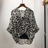 Two Piece Set Leopard Chiffon Shirts Summer Half Sleeve Loose V-Neck Women Casual Blouse Sexy Plus Size Striped Tops