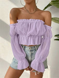 Fongt Women's Spring And Summer Sexy Word Collar Shoulder Lotus Side Perspective Chiffon Folding Shirt