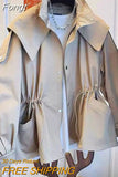 Autumn Oversized Casual Khaki Windbreaker Women Long Sleeve Drawstring Zipper