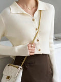 New Polo Collar Button Thread Knitted Sweater Chic French Retro Inner Long-Sleeved Cardigan-Outfit