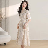 Fongt Wind Broken Flower Dress Women's Summer New Tea Break French High-Grade Feeling Thin V-Neck Long Dress
