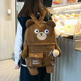 Corduroy Bear Backpacks for Cute Women Multi-pockets School Bags Large Capacity Backpack Teenger Girls Schoolbag