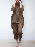 2pcs Women Trouser Suits Spring Fashion Solid Urban Tracksuit Matching Sets Trutleneck 3/4 Sleeve Blouse Harem Pants