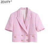 Women Sweet Double Breasted Notched Collar Pink Tweed Woolen Short Blazer Coat Vintage Female Outerwear Chic Tops