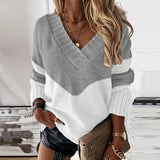 Women Elegant Patchwork Print Knit Sweater 2023 Autumn Sexy V-Neck Long Sleeve Pullover Tops Ladies Winter Casual Loose