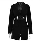 Notched Collar Button Women Dress Blazer Fake Two Piece Blue Long Sleeve Hollow Out Dress Women Slim Office Clothes