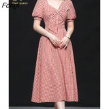 Han Queen Elegant Lantern Sleeves High Waist Women Dress Simple Casual Work Vestido V-Neck Mid-Calf Office Party Plaid