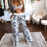 Fongt New Summer Women's Printed Sexy Breasts + Loose Broad Leg Pants Two Sets