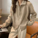 Fongt Zipper Autumn Winter Collar Solid Color Lazy Wind Wear Sweater Coat Jacket Korean Version Soft Waxy Women-Outfit
