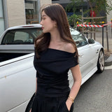 Off Shoulder Shirts & Blouses Short Sleeve Blusas Korean Chic Camisas Elegant Feminino Ropa Mujer 2024 New Summer Tops-Outfit