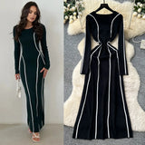 Fongt High-End Sense Niche Fashion Side To Receive Waist Round Collar Long-Sleeved Sweater Dress Female Thin Dress