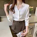 Elegant Satin Blouse Autumn Spring Turn-Down Collar Single-Breasted Long Sleeve Female Chiffon Shirt Ladies Blouse