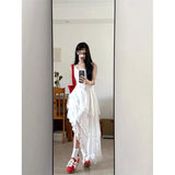 Fongt Korean Holiday Style White Lace Splicing Sling Dress Women's 2025 Summer Irregular Cake