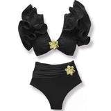 Solid-Color High-Waisted Bikini 2025 New Split Swimsuit Female Lotus Edge Bikini Export