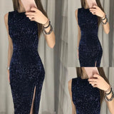 Popular Nightclub Sexy Dress Dress Irregular Sequin Forked Dress-Outfit