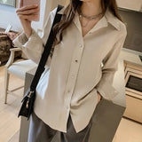 New Women Vintage Solid Loose White Shirt Turn Down Collar Full Sleeve Blouse Office Lady Stylish Girl Tops