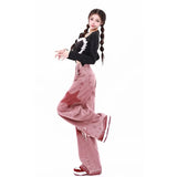Fongt Girl Wears Embroidered Straight Jeans Female Autumn Vintage High-Waisted Star Broad-Legged Pink Pants