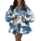 Fongt Women's Elegant Fashion V-Neck Bubble Sleeve Print Lotus Leaf Side Short Dress Woman
