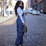 Fongt Women's Loose-Fitting Denim Slings Women's Spring Street Fashion Multi-Pocket Jumpsuits