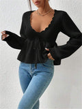 Fongt V-Neck Drawstring With Lotus Leaf-Side Skirt Knitted Head Sweater