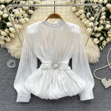 Fongt French-Style Waist-Low-Down Shirt Female Careful Machine Strap Design With A Chic Folded Lotus Leaves Hem French Top