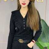 V-Neck Solid Color T-shirt Sweet Ruffles Spring Autumn Fashion Button Women's Clothing Long Sleeve All-match Pullovers-Outfit