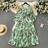 Fongt Retro Floral Dress Women's Spring And Summer Lantern Sleeve Design Sense Small Thousand Gold Princess Temperament Swing Holiday