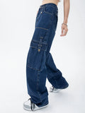 Waist Blue Womens Loose Jeans 2023 Streetwear Fashion Y2K Pockets Straight Leg Denim Trousers Retro Mom Jeans Cargo