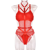 Dark Gothic Fishnet Sexy Bodycon Halter Bodysuits Women Grunge Punk Hollow Out Nightclub Lingerie Patchwork Emo Alt