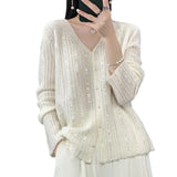Fongt 2025 New Cardigan Women's V-Necked Squints Sweater Jacket Loose Pearl Buckle Knitting Top