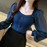 Fongt Bubble Sleeves Women's Long Sleeve Spring New Square Collar Knitted Shirt Dress Jacket Coat Jacket
