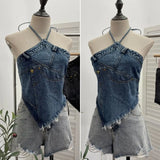 Fongt Summer Babes Hanging Neck Cowboy Corset Irregular Hairy Short Vest 8905
