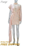 New Chic Mesh Patchwork Long Strap Mini Dress Pink Outfits Glitter One Sleeve Ruched Sequins Birthday Party Dress