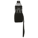 Fongt Autumn New Women's Solid Color Sexy Hanging Neck Screen Splicing Design Waist Dress